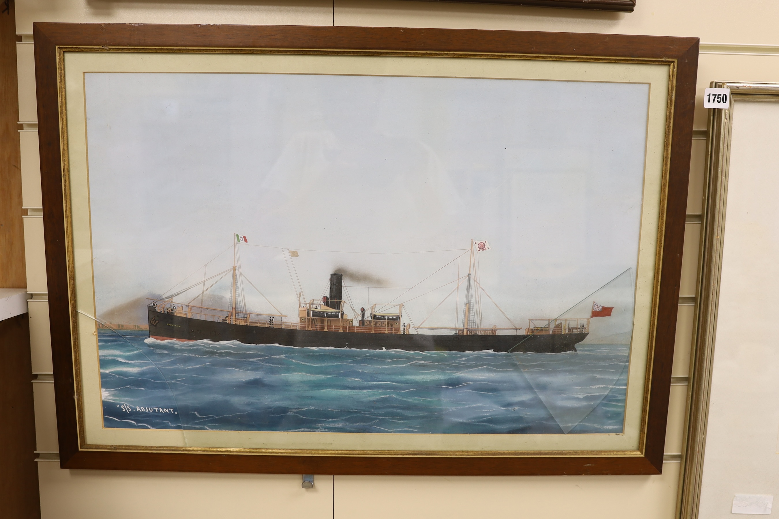 Neapolitan School, c.1900, gouache, The Steamship Adjutant, Great Northern Steamship Co., 41 x 63cm. Condition - poor, discolouration to the paper, glass broken